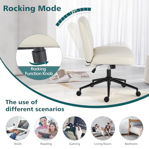 OLIXIS Criss Cross Chair with Wheels, Vanity Chair, Home Office Desk | Wide Seat Armless, Faux Leather, Height Adjustable Swivel Rolling, Home Computer Task Seating for Bedroom Study, Beige PU - color: Beige Pu