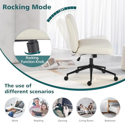 OLIXIS Criss Cross Chair with Wheels, Vanity Chair, Home Office Desk | Wide Seat Armless, Faux Leather, Height Adjustable Swivel Rolling, Home Computer Task Seating for Bedroom Study, Beige PU - color: Beige Pu