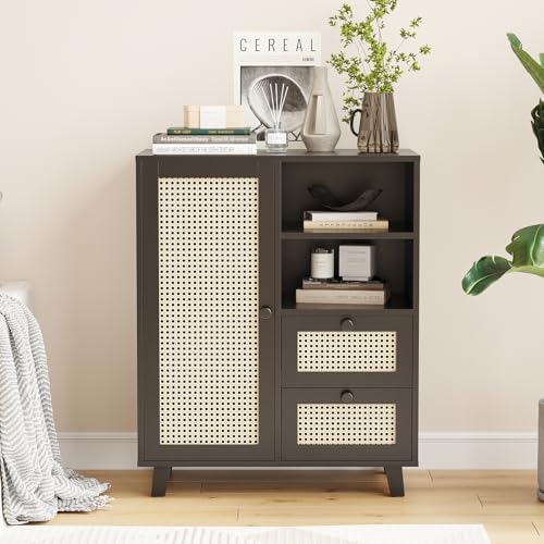 Farini 27.6" Buffet Cabinet with 2 Drawer and Rattan Doors,Kitchen Sideboard for Dining Room, Hallway & Living Room, Coffee Bar Storage Console Table,Black - color: Black, size: 27.6 inch-Drawers