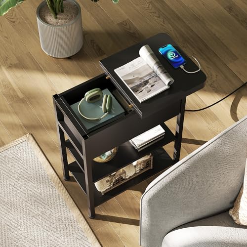 WLIVE 3-Tier End Table with Charging Station, Flip Top Narrow Side Table with Storage Shelf, Small Nightstand with USB Ports and Outlets,Bedside Table for Living Room, Bedroom - color: Black