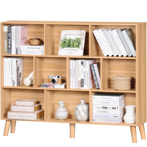 LEYAOYAO 10 Cube Bookshelf,3 Tier 55.12" Wide Boho Bookcase with Legs,Mid-Century Wood Bookshelves Storage,Natural Large Book Case,Freestanding Organizer Display Shelf for Bedroom,Living Room,Office - color: Natural, size: 10 Cube Plus with Legs