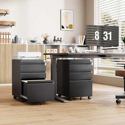 3 Drawer Mobile File Cabinet with Lock,Under Desk Rolling File Cabinet for Home Office Fits Legal/Letter/A4 File (Unassembled,Black) - color: Black, size: 14.6"W x 24.4"H x 17.3"D