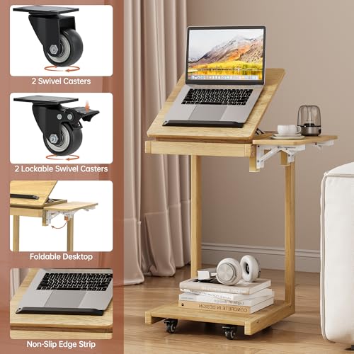 OtterOasis C Shaped End Table for Couch Rolling Side with Wheels Oak | Wood, Desk Tv Tables, with Folding Desktop, Lockable Wheel, with Hidden Storage, for Living Room, Bedroom - color: Oak
