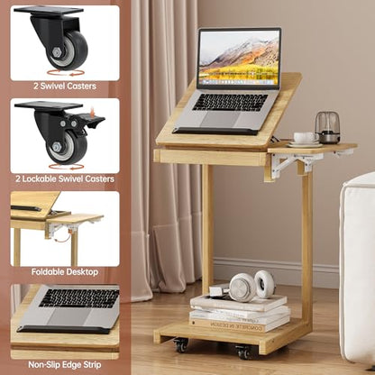 OtterOasis C Shaped End Table for Couch Rolling Side with Wheels Oak | Wood, Desk Tv Tables, with Folding Desktop, Lockable Wheel, with Hidden Storage, for Living Room, Bedroom - color: Oak