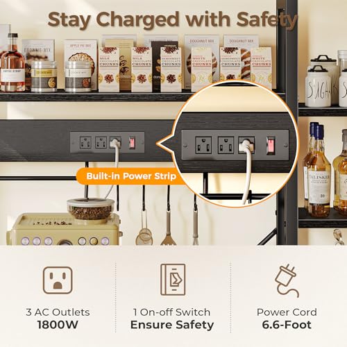 SUPERJARE Larger Bakers Rack with Power Outlets, 6-Tier Microwave Stand, Coffee Bar with 12 S-Shaped Hooks, Kitchen Shelf with Wire Basket, 47.2 x 15.5X 66.9 Inches, Black - color: Black, size: 47.2inch