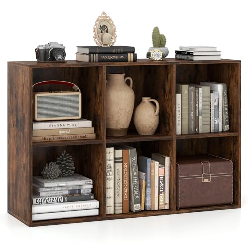 Giantex 6-Cube Bookcase, 3-Tier Cubby Bookshelf, Horizontal Vertical Display Rack with Anti-Tipping Kits, Modern Storage Organizer Shelf Unit for Living Room, Home Office, Rustic Brown | Horizontal Vertical Display Rack with Anti-Tipping Kits, Modern Stor