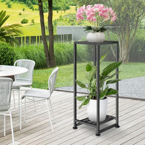 Plant Stand Indoor Outdoor, Wrought Iron Plant Stands 2 Tier Heavy Duty | Metal Pedestal Stand Decorative Flower Stand for Patio Garden Deck Living Room - size: 31''