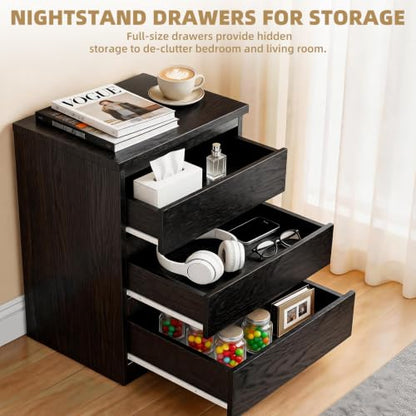 Nightstand with Drawers, Bedside Table with Drawers, Sofa Side Table Storage Cabinet, Night Stand for Bedroom Living Room (1, 3 Drawers Black, 19.7" W×15.6" D×26.57" H) - color: 3 Drawers Black