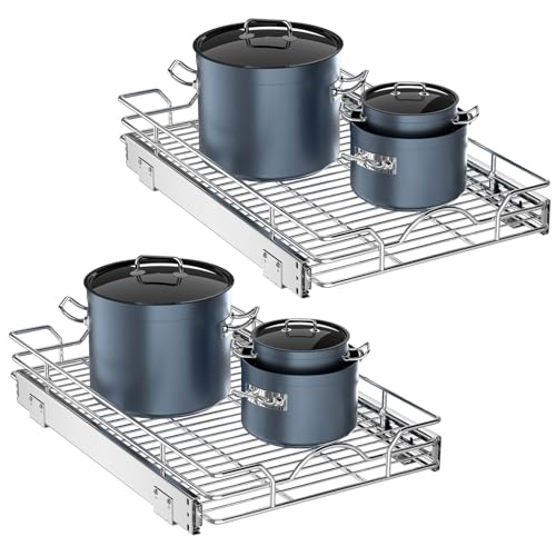 OCG Pull Out Cabinet Organizer 2 Pack (12" W x 21" D), Pull out Shelves 1 Tier, Cabinet Slide Out Shelves for Base Cabinet Organization in Kitchen Bathroom Pantry, Bottom Mount, Chrome Finish - size: 12W21D, 2Pack