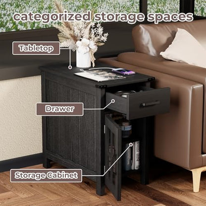 Farmhouse End Table with Charging Station, Narrow Side Table for Living Room, Sofa Side Table with Drawer and Storage Cabinet, Small Nightstand for Bedroom, Home Office - color: Black