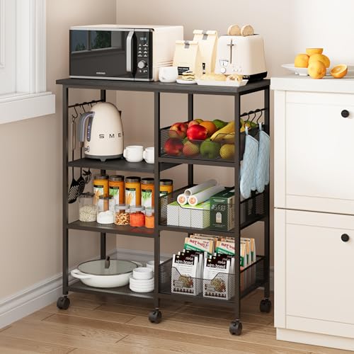 SWTYMIKI Kitchen Island Cart on Wheels - 28.35x14.57in Rolling Kitchen Table Cart with Storage Shelves, 6 Removable Hooks& Locking Casters, Coffee Bar Cabinet for Dining Room Pantry Office, Black - size: 28x14.57in, style: Black