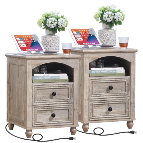 RWYHG 18" Night Stand Set 2 with Charger Station, Nightstand with 2 Drawers | Farmhouse Modern Bedside Table, Open Storage Shelf, Solid Wood Legs, Gray Bed Side End Tables for Bedroom Living Room - color: Gray Oak, size: 18"D x 18"W x 24"H (2 Drawers)