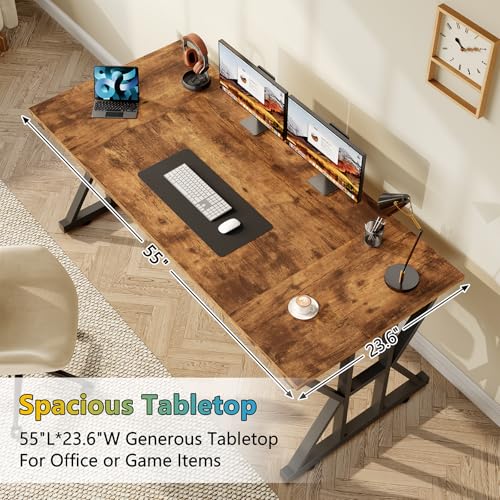 TVU Computer Desk, 55 inch Large Office Desk, Study Writing Table with Thicken Frame, Gaming Desk, Modern Simple Desk for Home Office, Rustic Brown - color: Rustic Brown, size: 55inch