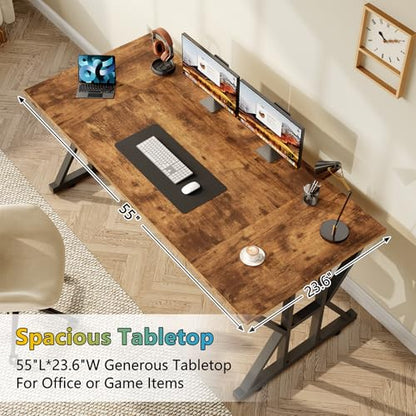 TVU Computer Desk, 55 inch Large Office Desk, Study Writing Table with Thicken Frame, Gaming Desk, Modern Simple Desk for Home Office, Rustic Brown - color: Rustic Brown, size: 55inch