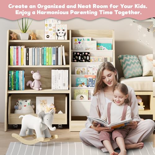 COZPAW Kids Bookshelf and Toy Storage, 4 Tier Toddler Bookshelf with Movable Drawer (Oak) - color: Oak