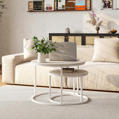 HOJINLINERO Round Coffee Table,Nesting Coffee Table Set of 2,Center Tables for Living Room,Office, Home Small Space,Stacking Side Tables,Sturdy and Easy Assembly,Wood Desktop,Oak+White,Large - color: Wh-oak, size: Large
