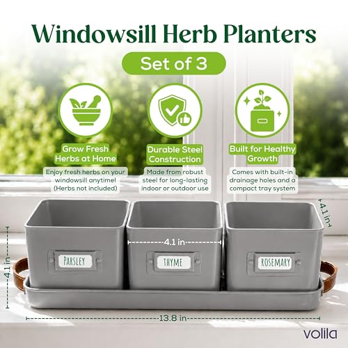 volila Herb Planter Indoor - Set of 3 Grey Indoor Herb Garden Pots for Plants with Leather Handled Tray - Window Sill Plant Shelf - Herb Pots with Drainage Holes and Labels - color: Charcoal Grey