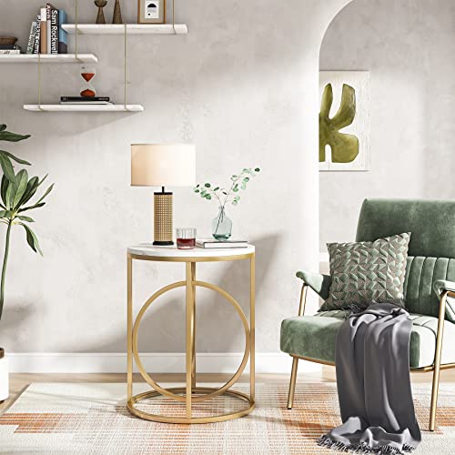 Tribesigns Round End Table, 20" Modern Sofa Side Table with Gold Base, Faux Marble Accent Table Bedside Table Nightstand for Living Room, Bedroom, White and Gold - color: White and Gold, size: 1-PC