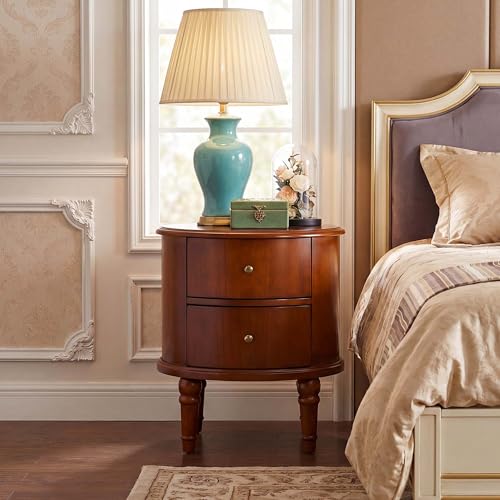 Round Solid Wood End Table with 2 Drawers and Fully Assembly | Beside Table for Couch, American Style Nightstand for Bedroom, Telephone Table for Living Room, Small Space Accent Table - size: 20.1" H End Table
