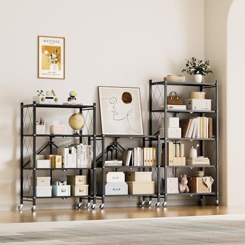 Simple Deluxe 3-Tier Folding Storage Shelves, 27.95" W x 14.96" D x 34.25" H Foldable Shelving Unit, 750 Lbs Loading Capacity, Black - size: 3-Tier, 28"W x 15"D x 34"H