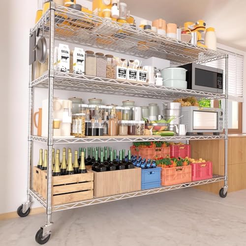 PrimeZone 4 Tier 55.5" Wx24 Dx76 H Wire Shelving with Wheels 2400lbs NSF Certified Storage Shelves Heavy Duty Metal Shelf Adjustable Rolling Rack Commercial Garage Restaurant Warehouse Chrome 2Pack - size: 55.5" W x 24" D x 76" H