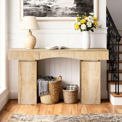 Sonharlar 63 Inch Long Entryway Table Bold, Wooden Console Table with Socket Farmhouse Sofa Table for Entrance, Hallway, Living Room, Behind Couch（Natural Brown） - color: Natural Brown, size: 63IN BD