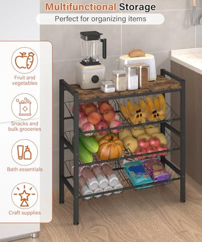 4-Tier Fruit and Vegetable Storage Rack with Wood Top & 6 Removable Baskets, Small Kitchen Island, Pantry Floor Organizer Stand Shelves for Onion Potato Snack Storage, Black - style: 6 Baskets-Black