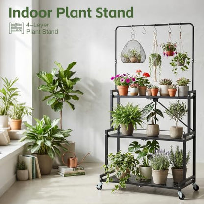 Foldable 4-Tier Plant Stand Indoor Outdoor Hanging Plant Shelf No Assembly Required Pot Placement Area With Wheels Sturdy Fall Prevention Storage Shelf Flower Pot Stand