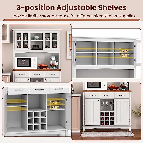 PETSITE Kitchen Pantry Storage Cabinet, Freestanding Microwave Cupboard with Tempered Glass Cabinet, Wine Rack, Adjustable Shelves, Buffet with Hutch for Living Room, Dining Room, White