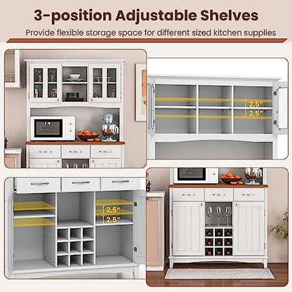 PETSITE Kitchen Pantry Storage Cabinet, Freestanding Microwave Cupboard with Tempered Glass Cabinet, Wine Rack, Adjustable Shelves, Buffet with Hutch for Living Room, Dining Room, White