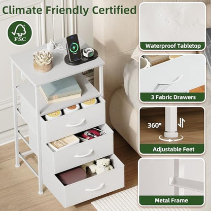 Somdot Nightstands Set of 2 with 3 Drawers, Charging Station & LED Light | Open-Shelf End Tables for Bedside, Small Spaces, Bedroom, Entryway and Hallway, White - color: White, size: 11.8"D x 15.7"W x 28.3"H (3 Drawers)