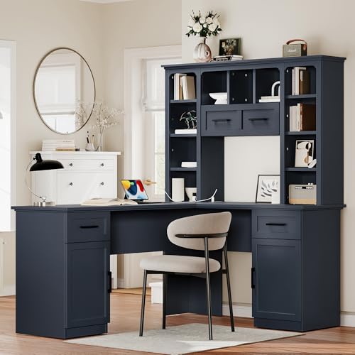 L-Shaped Home Executive Desk with 2 Cabinets and 2 Drawers, Computer Desk with Power Outlet, 11 Open Shelves and 1 Right Flip Shelf with Storage for Study, Living Room and Office (Antique Blue-02) - color: Antique Blue-02