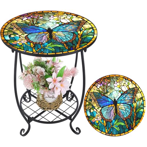 Cinnvoice Outdoor Side Table Round Small Mosaic Patio Accent Indoor End Plant Coffee Tea Table for Yard Patio Porch Garden Living Room, Bedroom(Butterfly Style,18 Inch) - size: 18 Inch, style: Butterfly Style