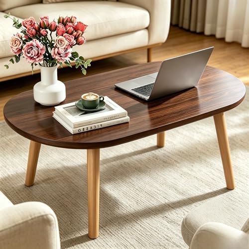 Coffee Table, 31.5" Modern Low Table with Solid Wood Legs, Floor Table Desk for Sitting on The Floor, Easy Assembly Small Space Coffee Table for Living Room, Apartment, Office (Large Oval BlackNut) - color: 31.5"l Oval Dark Walnut