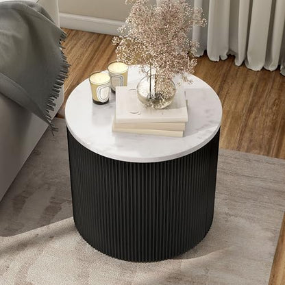Furniture of America Beryl Modern Round White Genuine Marble Top End Table with Fluted Pedestal Base and Gold Stainless Steel Accent, Low Profile Table for Living Room, Home Office, Black - size: End Table, style: Round