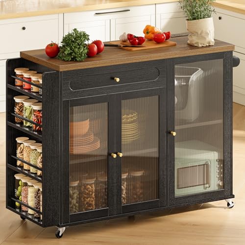 Kitchen Island with Power Outlet - Kitchen Cart on Wheels with Storage Cabinets & Drawers, Rolling Island Table with Spice & Towel Rack, Portable Islands with Large Wood Counter, Dinning Room - color: Black