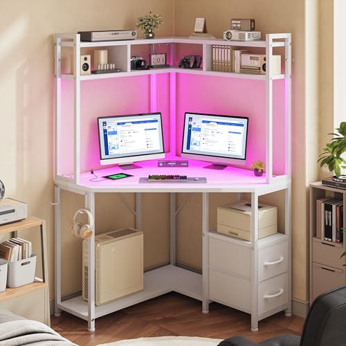 DurayLoly 63"Triangular Corner Desk with Hutch,Ample Storage for Small Room | Spacious 36" W Desktop,2 Fabric Drawers and Bottom Wooden Shelves,Versatile Computer Desk that Meets All Your Needs,White - color: White