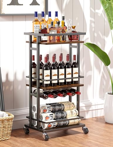 OKZEST 3-Tier Liquor Cabinet with Wine Rack, Mini Bar Cart for Home, Small Liquor Bar for Alcohol, Rolling Kitchen Serving Cart on Wheels, Wine Drink Cart for Party, Bar Stand for Small Space - color: Rustic Brown, size: 3-Tier (With Wine Rack)