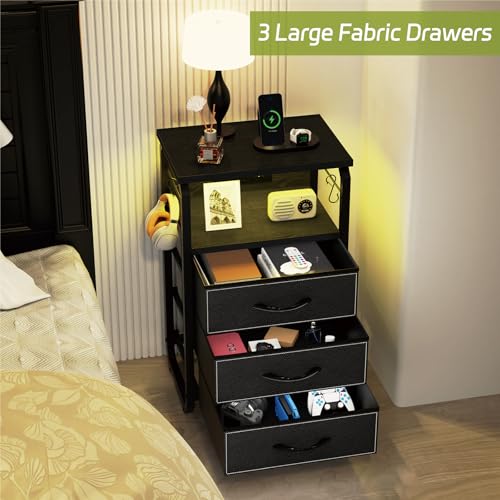 runjuly Bedside Table with 3 Fabric Drawers, LED Nightstand with Hooks, Metal Night Stand, Small End Table with Charging Station and Storage, Night Table for Bedroom, Modern Black - color: Black, style: 3 Drawers