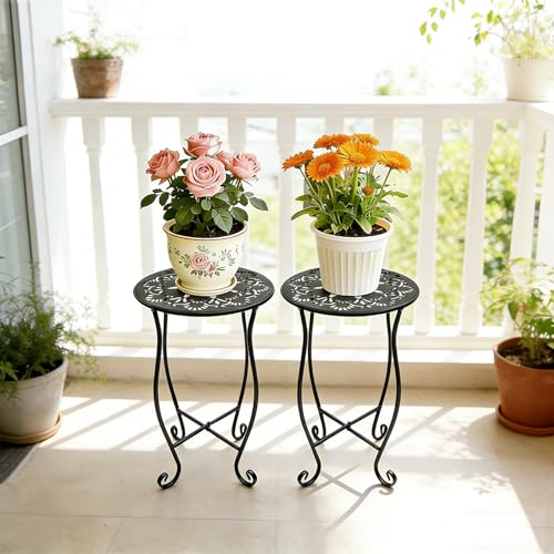 Arbuxzuy 2-Pack 17" Tall Round Metal Outdoor Side Tables,Flower Pot Stand | 17" tall decorative flower pot stands,Rustproof potted holder,120 lbs load capacity, indoor/outdoor use - size: 2pcs