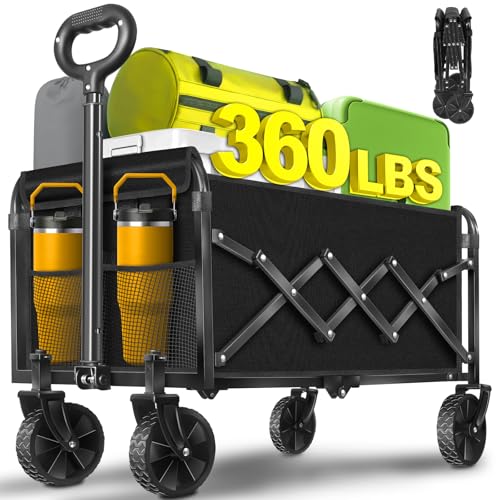 Collapsible Wagons Carts Foldable, 360lbs Portable Folding Wagon Cart with Wheels, Foldable Wagon Cart Utility for Camping, Beach, Grocery, Shopping, Sports, Garden - color: Classic Black