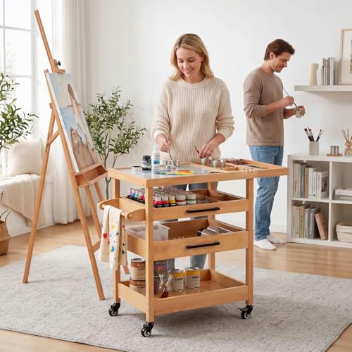 GDLF Art Storage Cart with 2 Drawers, Artist Taboret on Wheels with Tempered Glass Mixing Palette, Beech Wood Rolling Cart with Brush Holder, 2 Rinse Cups & Paper Towel/Towel Bar