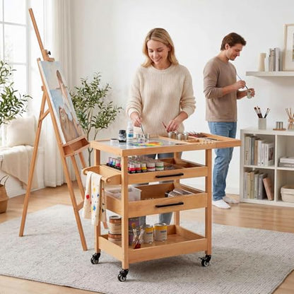 GDLF Art Storage Cart with 2 Drawers, Artist Taboret on Wheels with Tempered Glass Mixing Palette, Beech Wood Rolling Cart with Brush Holder, 2 Rinse Cups & Paper Towel/Towel Bar