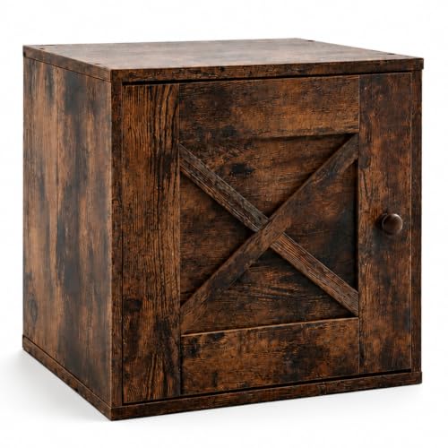 15" H x 15" W x 11.75" D Stackable Cube Storage Organizer with Door, Brown Modular Cubby Storage Bin with Non-Slip Pads, Wooden Cube Bookshelf Shelf for Bedroom, Living Room, Kitchen and Office