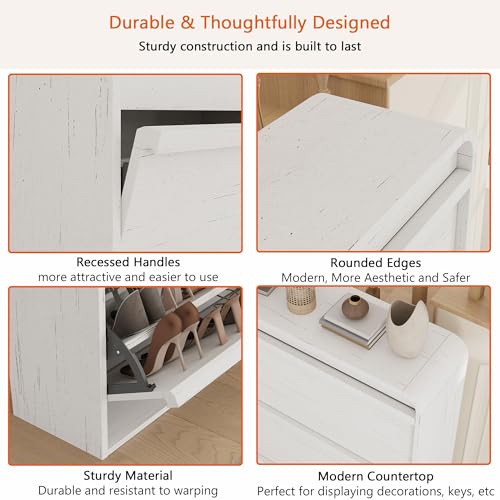 Garvee Shoe Cabinet with 3 Flip Drawers, Modern Narrow Shoe Storage Cabinet Organizer with Adjustable Shelf, 46" Tall Hidden Freestanding Shoe Rack Cabinet for Entryway, Hallway, Distressed White - color: Distressed White