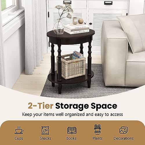 GOFLAME 2-Tier Oval End Table Set of 2, Sofa Side Table with Storage Shelf, Solid Wood Legs, Modern Accent Table, Compact Nightstand for Living Room, Bedroom, Small Space, Espresso - color: Espresso