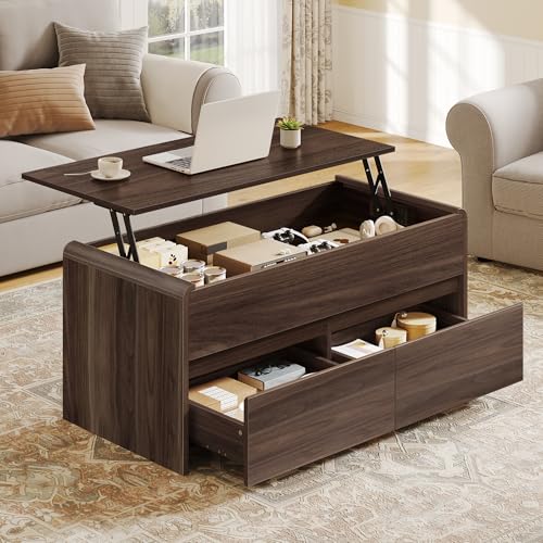 Coffee Table with Storage Drawers, Lift Top Coffee Table with Large Hidden Compartment, 2 Drawers, Lift Tabletop Dining Table for Living Room, Curved Corner, Home Small Space, 39in, Walnut - color: Walnut-large Drawers