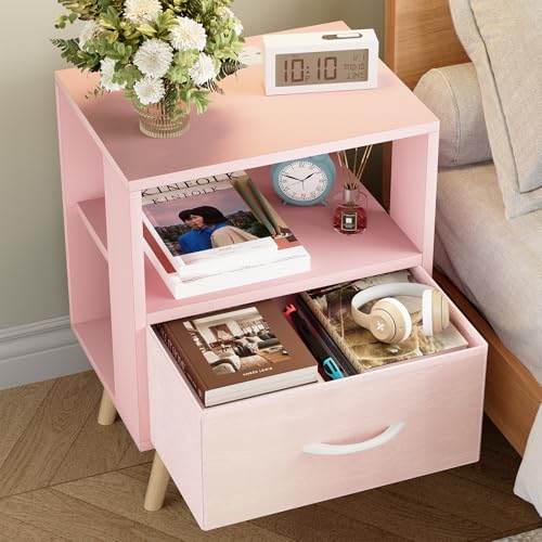 Huhote Kids Nightstand, 2-Tier Night Stand with Charging Station and Drawer, Modern Side Table for Bedroom, Study Room Small Spaces, Pink - color: Pink, size: 2-Tier with Charging