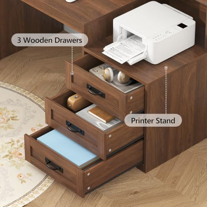 65" Farmhouse Computer Desk with Drawers and Printer Stand for Home Office | Office Desk with Power Outlets and Storage Cabinet, Study Writing Desks with Long Monitor Stand, Brown - color: Brown