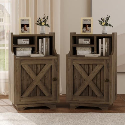 4ever2buy Oak Nightstand Set of 2, 30" Tall Night Stand with Hutch | Farmhouse Tall Bedside Table End Table for Bedroom Living Room Sofa Office, Storage Cabinet, Oak - color: Oak